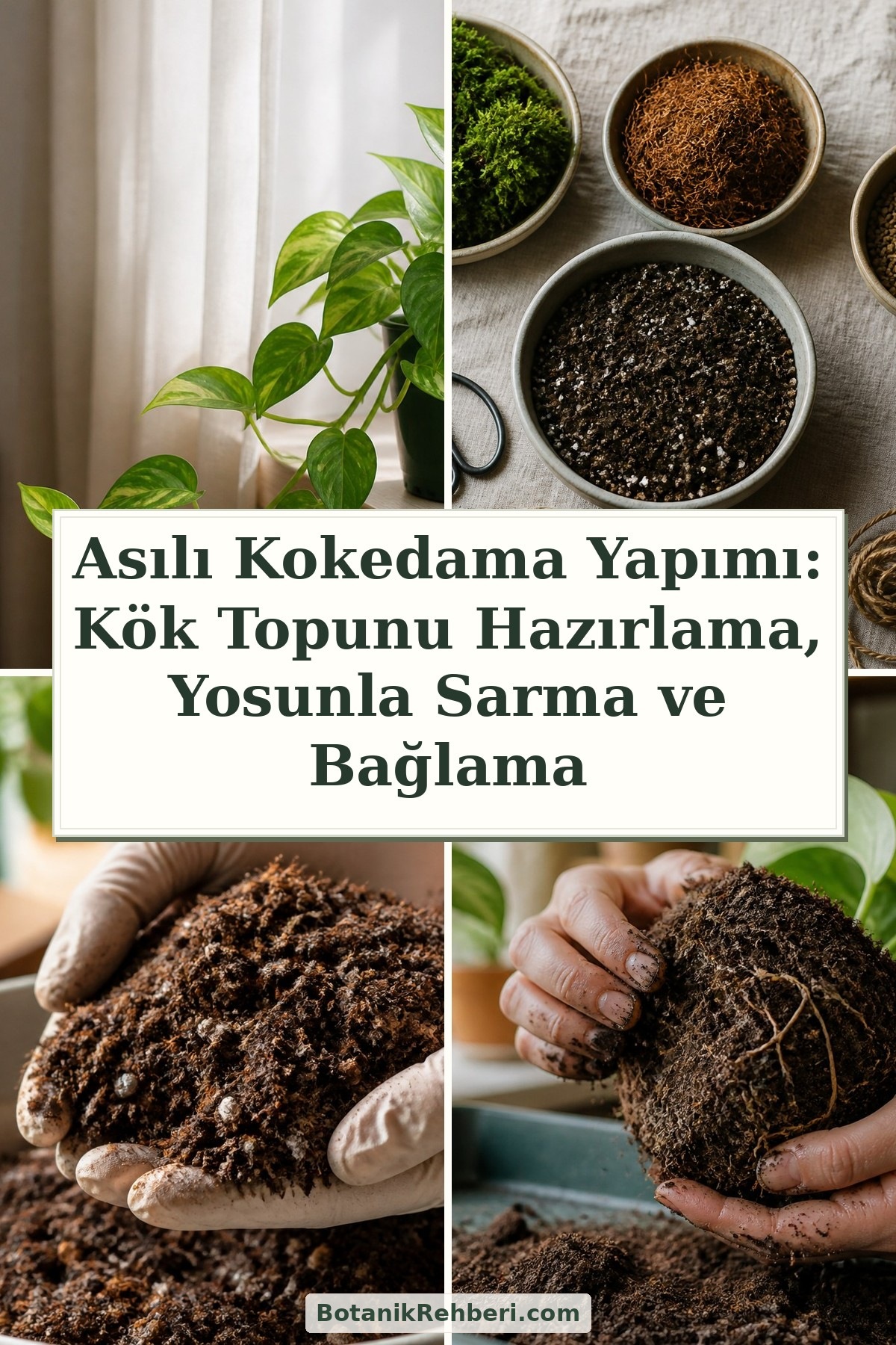 Asılı Kokedama Yapımı: Kök Topunu Hazırlama, Yosunla Sarma ve Bağlama — dörtlü konu kapağı