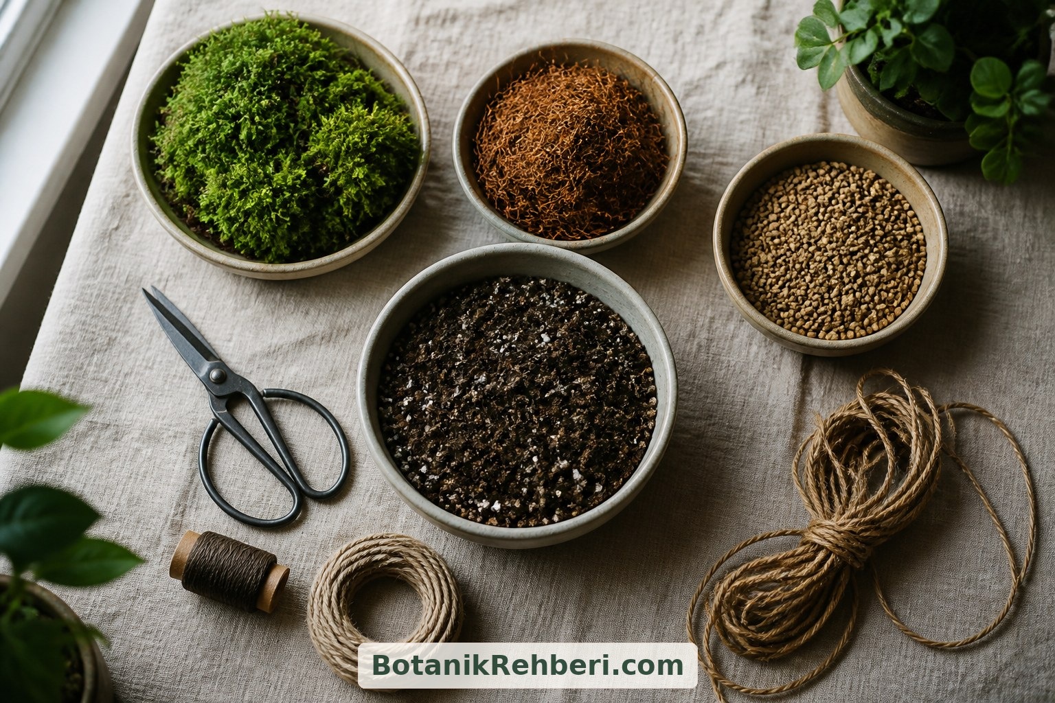 Malzemeleri başlamadan hazırlayın. Yosunu sabitleyen ince ip ile ıslak topun ağırlığını taşıyacak askı kordonunu ayrı düşünün.