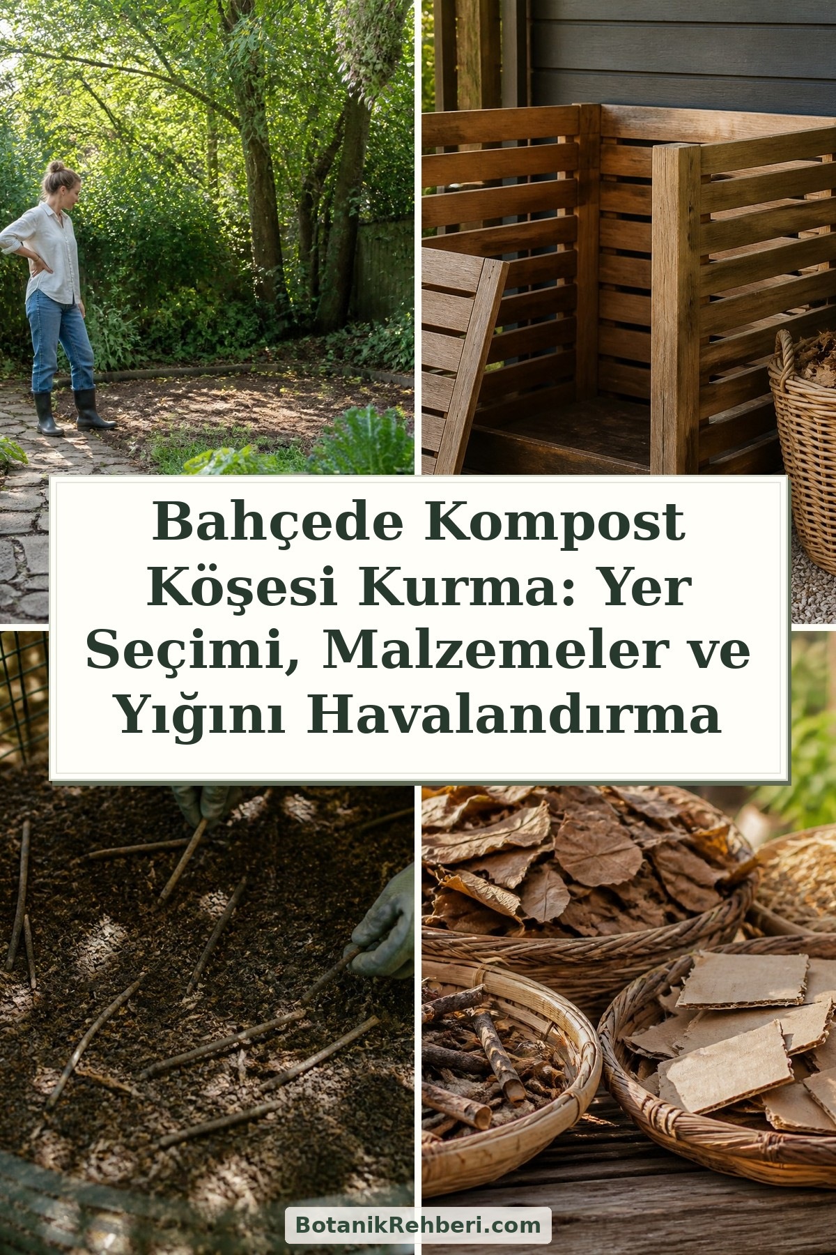 Bahçede Kompost Köşesi Kurma: Yer Seçimi, Malzemeler ve Yığını Havalandırma — dörtlü konu kapağı