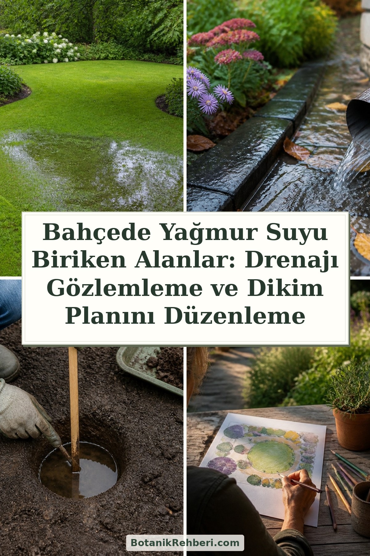 Bahçede Yağmur Suyu Biriken Alanlar: Drenajı Gözlemleme ve Dikim Planını Düzenleme — dörtlü konu kapağı