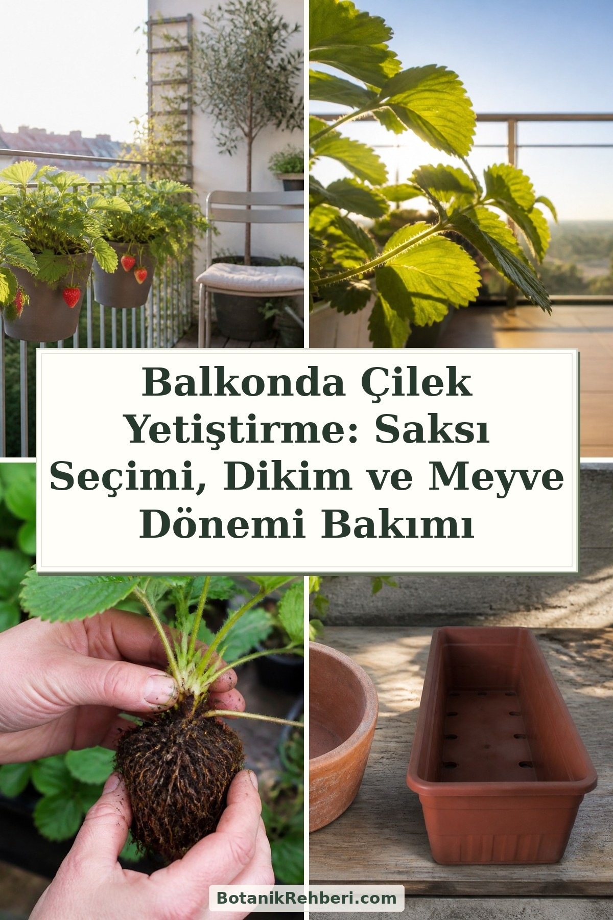 Balkonda Çilek Yetiştirme: Saksı Seçimi, Dikim ve Meyve Dönemi Bakımı — dörtlü konu kapağı