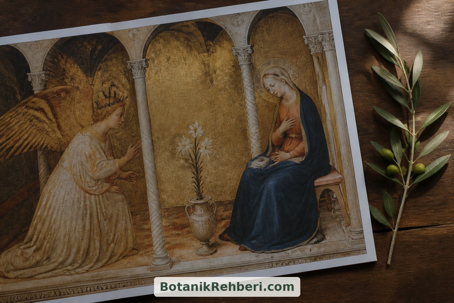 Simone Martini ve Lippo Memmi’nin Müjde kompozisyonunda zambaklar iki figür arasındaki vazodadır. Meleğin elindeki zeytin dalıyla bu çiçekleri ayırmak, bitkisel simgeleri doğru okumaya yardımcı olur.