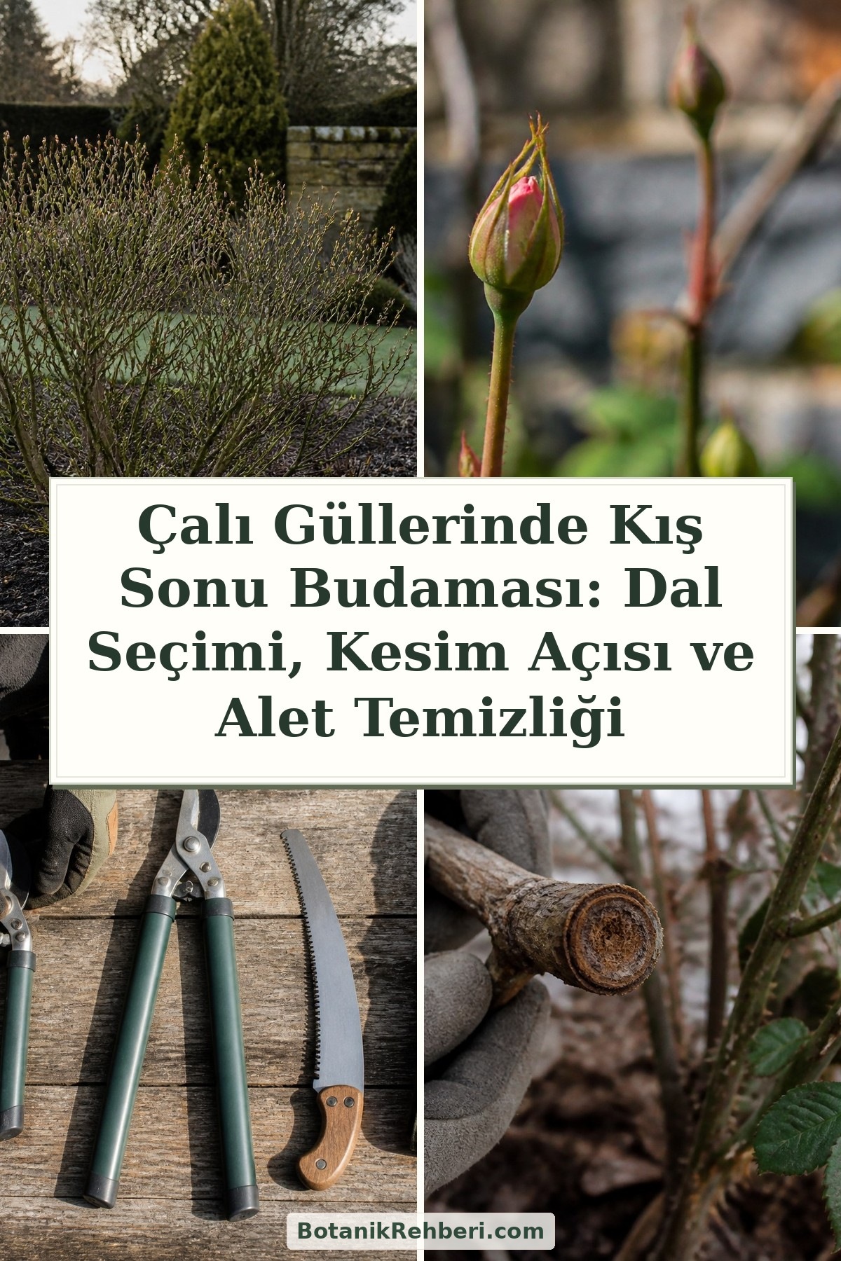 Çalı Güllerinde Kış Sonu Budaması: Dal Seçimi, Kesim Açısı ve Alet Temizliği — dörtlü konu kapağı