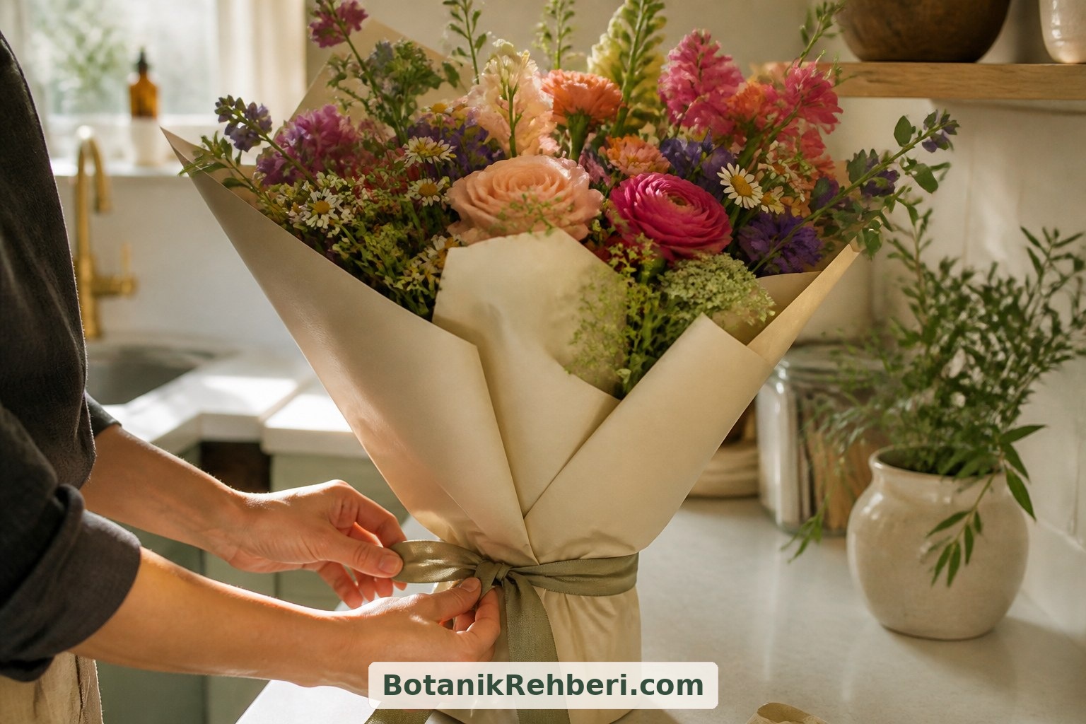 Sade ambalaj, çiçeklerin renklerini öne çıkarır. Kâğıdı çiçek başlarının altında tutun, bağı sapları sıkıştırmadan sabitleyin ve teslimden sonra buketin suya alınmasını hatırlatın.