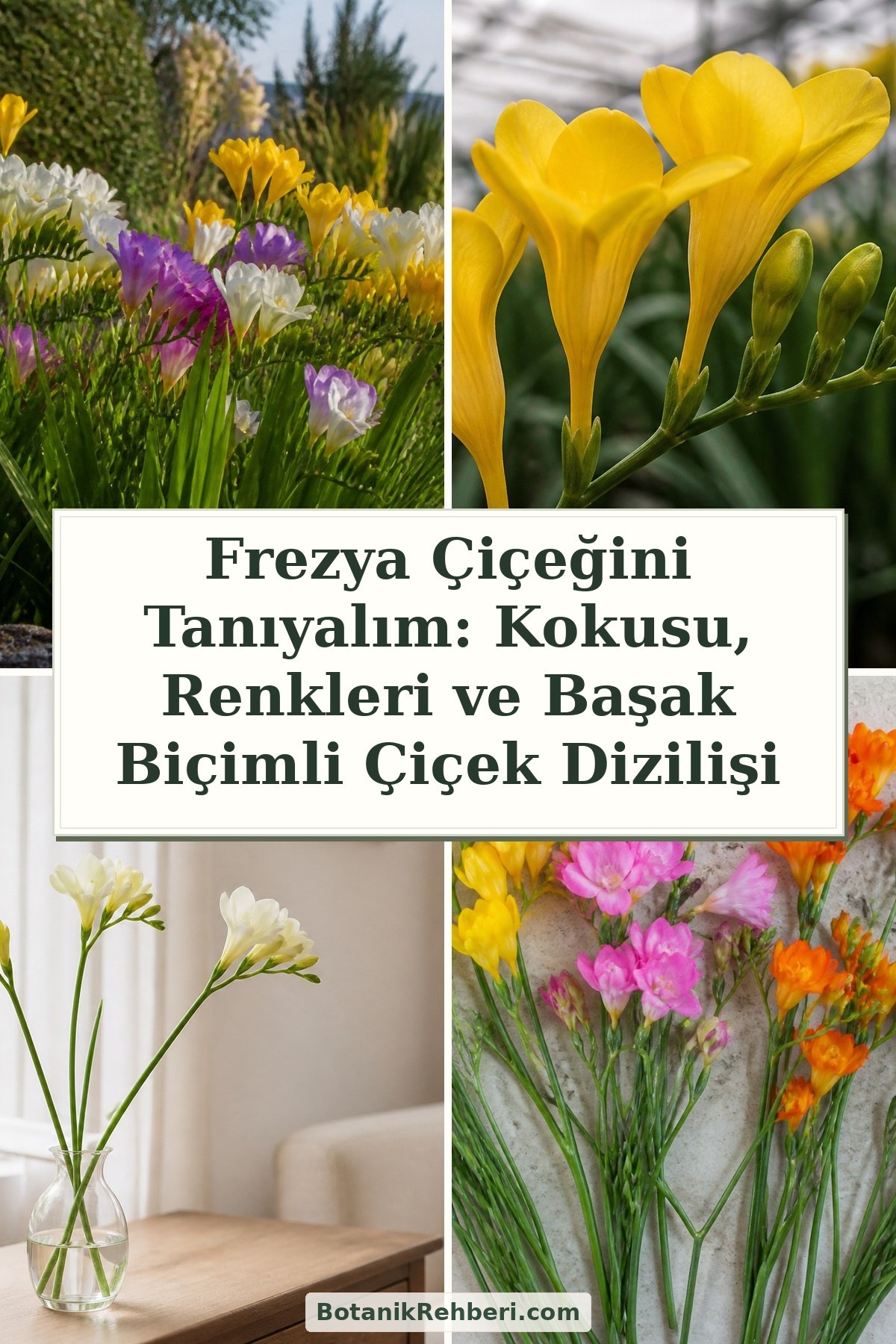 Frezya Çiçeğini Tanıyalım: Kokusu, Renkleri ve Başak Biçimli Çiçek Dizilişi — dörtlü konu kapağı