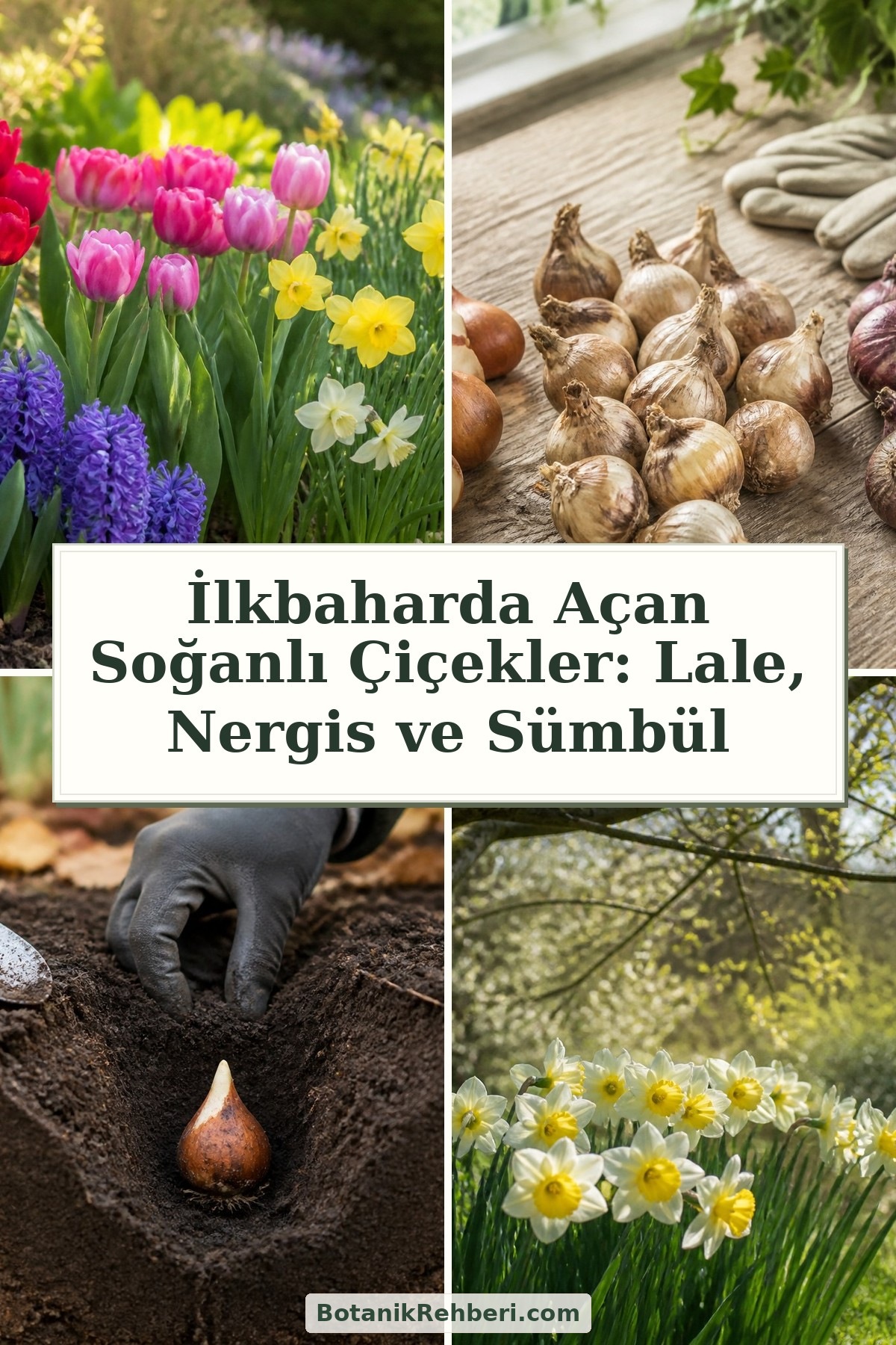 İlkbaharda Açan Soğanlı Çiçekler: Lale, Nergis ve Sümbül — dörtlü konu kapağı