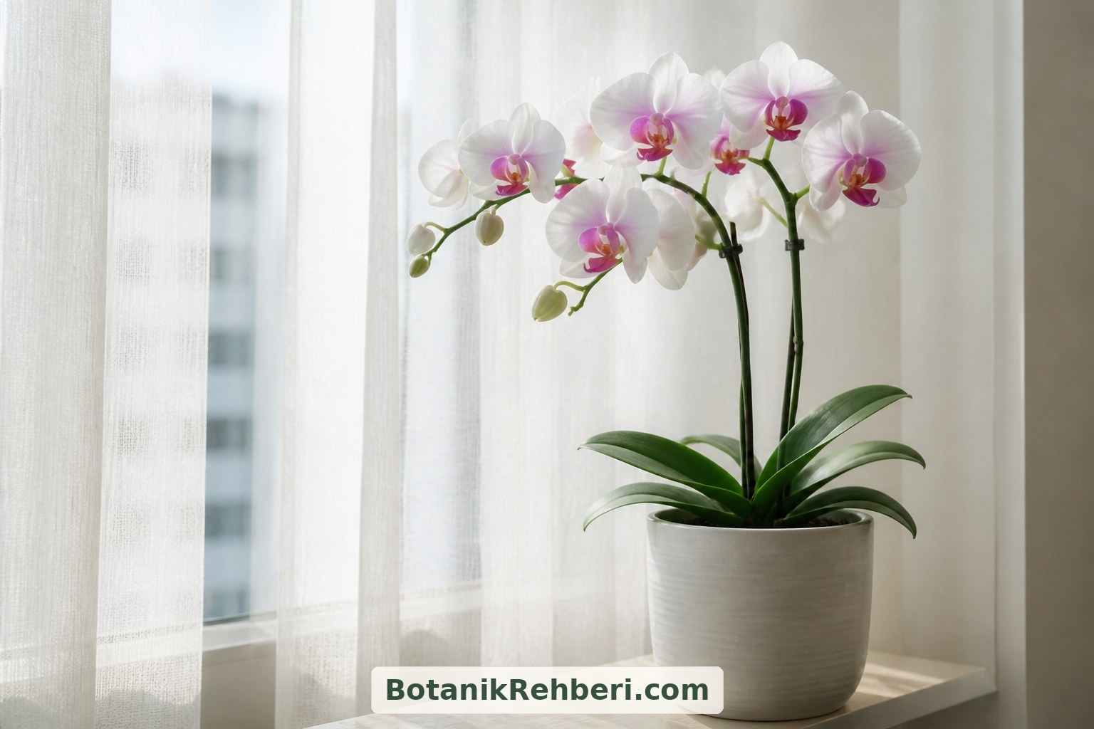 Phalaenopsis orkidesini parlak, dolaylı ışık alan bir yere yerleştirin. Sulama gereksinimini kök ortamına göre kontrol edin ve dekoratif dış kapta su birikmesine izin vermeyin.