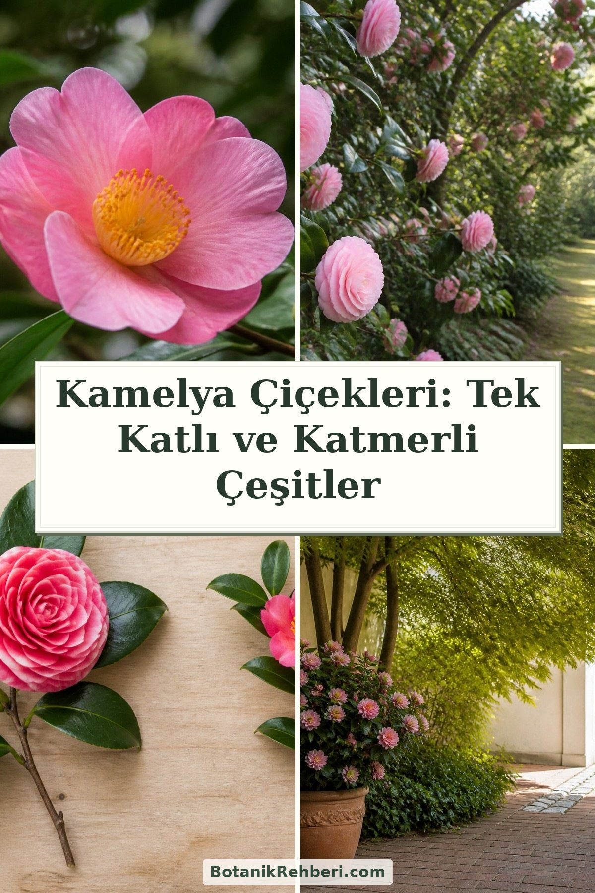 Kamelya Çiçekleri: Tek Katlı ve Katmerli Çeşitler — dörtlü konu kapağı