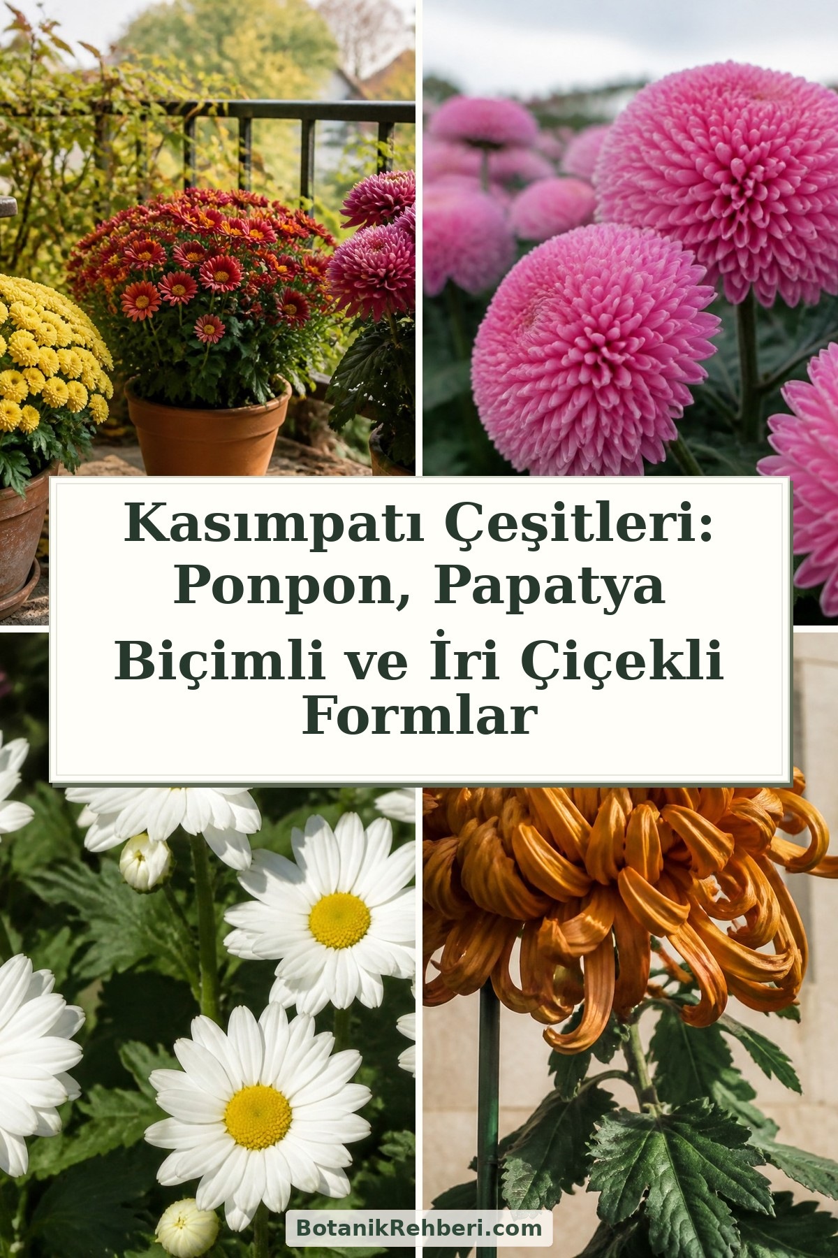 Kasımpatı Çeşitleri: Ponpon, Papatya Biçimli ve İri Çiçekli Formlar — dörtlü konu kapağı