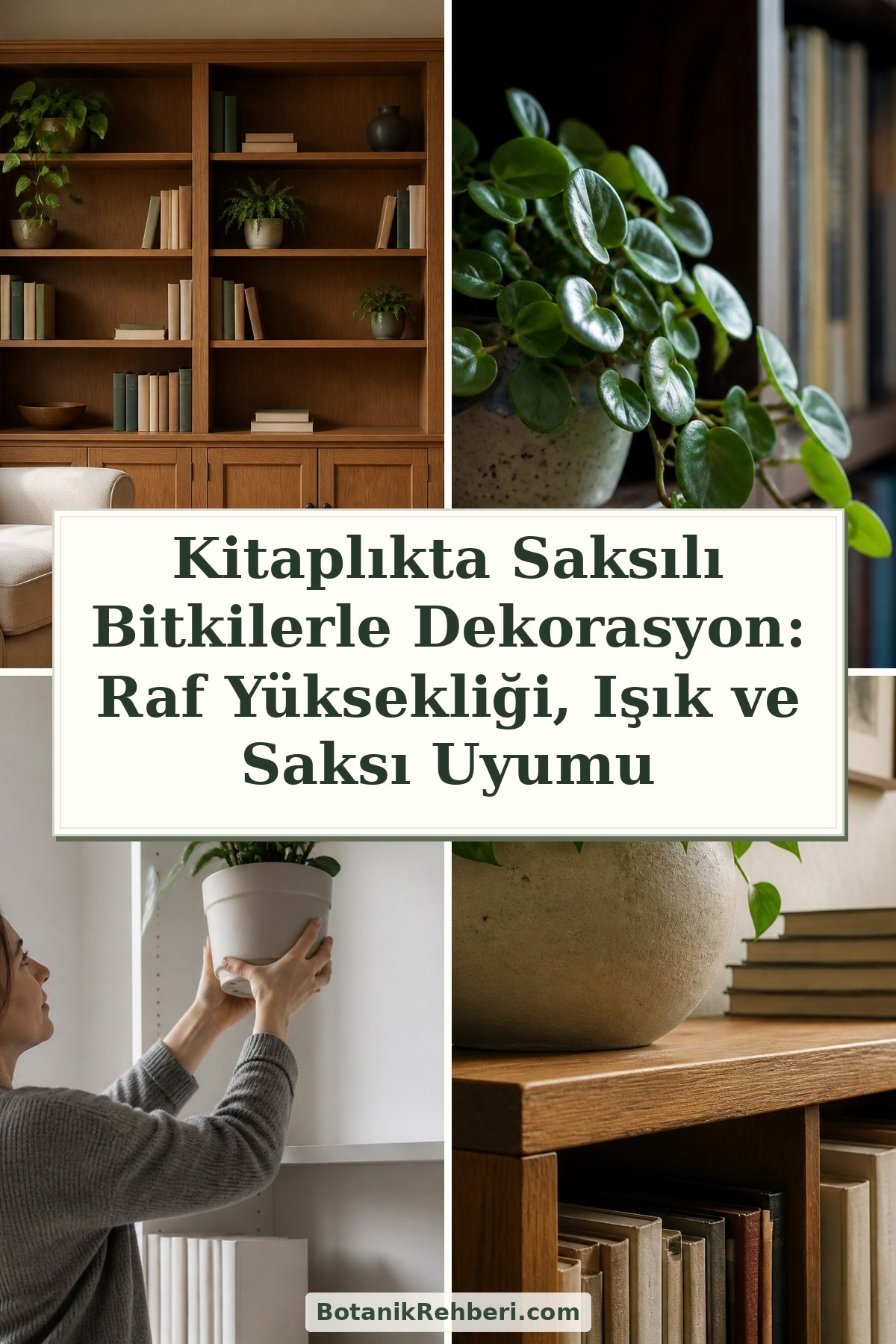 Kitaplıkta Saksılı Bitkilerle Dekorasyon: Raf Yüksekliği, Işık ve Saksı Uyumu — dörtlü konu kapağı