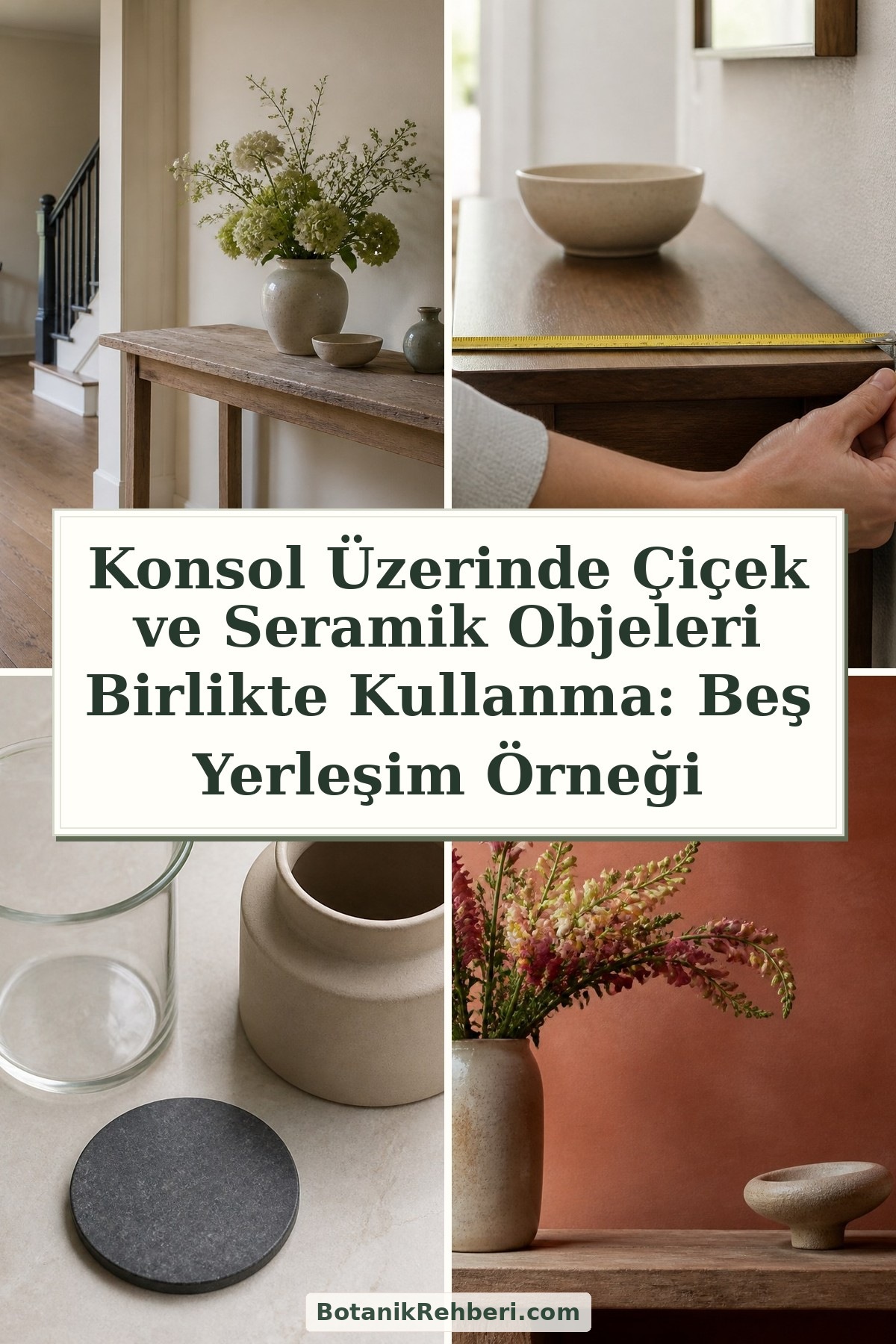 Konsol Üzerinde Çiçek ve Seramik Objeleri Birlikte Kullanma: Beş Yerleşim Örneği — dörtlü konu kapağı