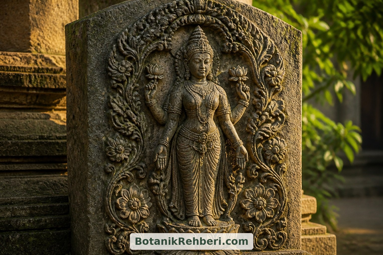 Lakshmi’nin lotus üzerinde betimlenmesi, çiçeğin Hindu sanatındaki önemli yerini gösterir. Elde tutulan çiçekler ve lotus biçimli zemin, eserin anlamını birlikte kurar.