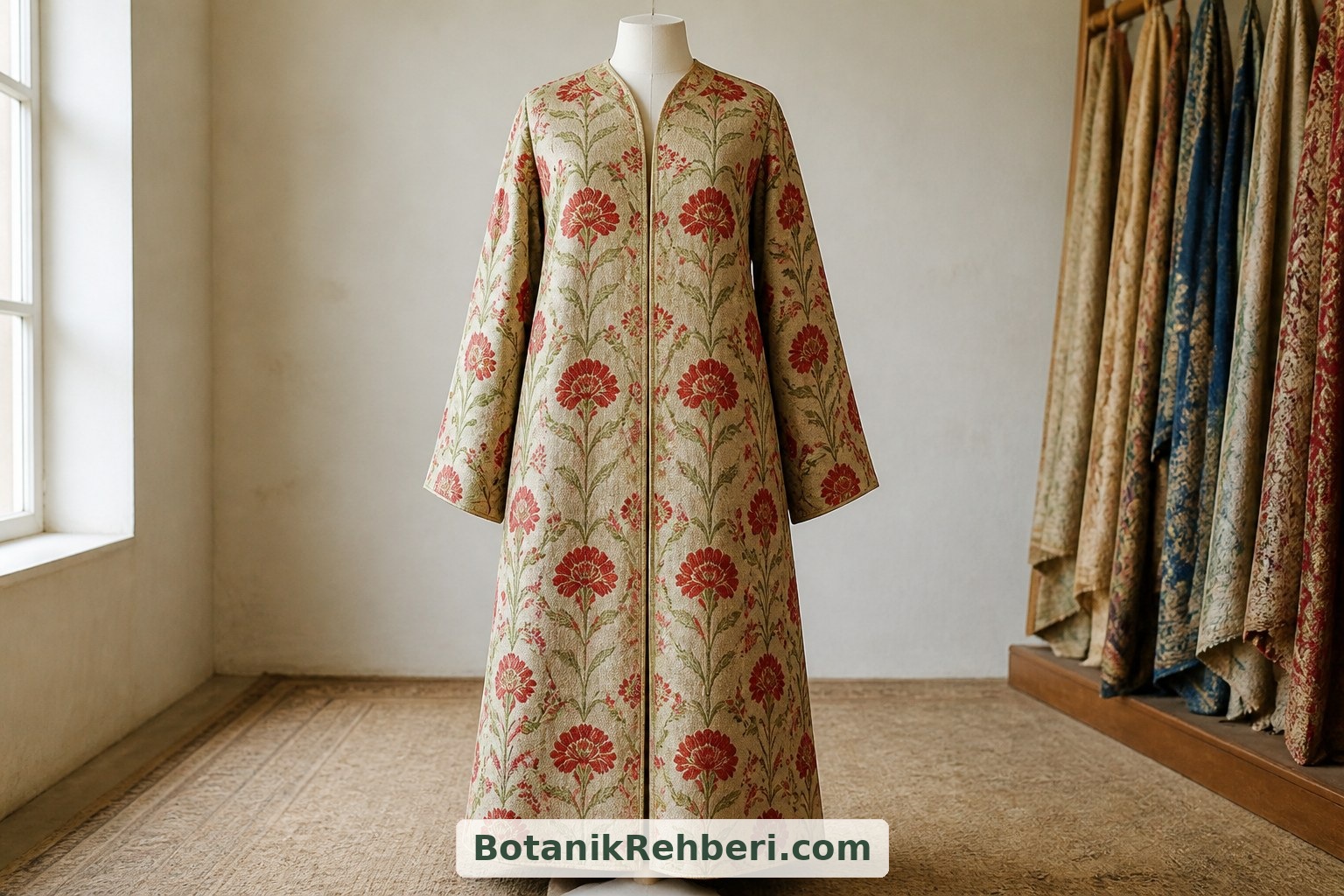 Modern bir kaftan canlandırması, büyük karanfil desenlerinin giysi üzerindeki etkisini gösteriyor. Kol ve etek kenarlarında desenin nasıl kesildiğine dikkat edin.