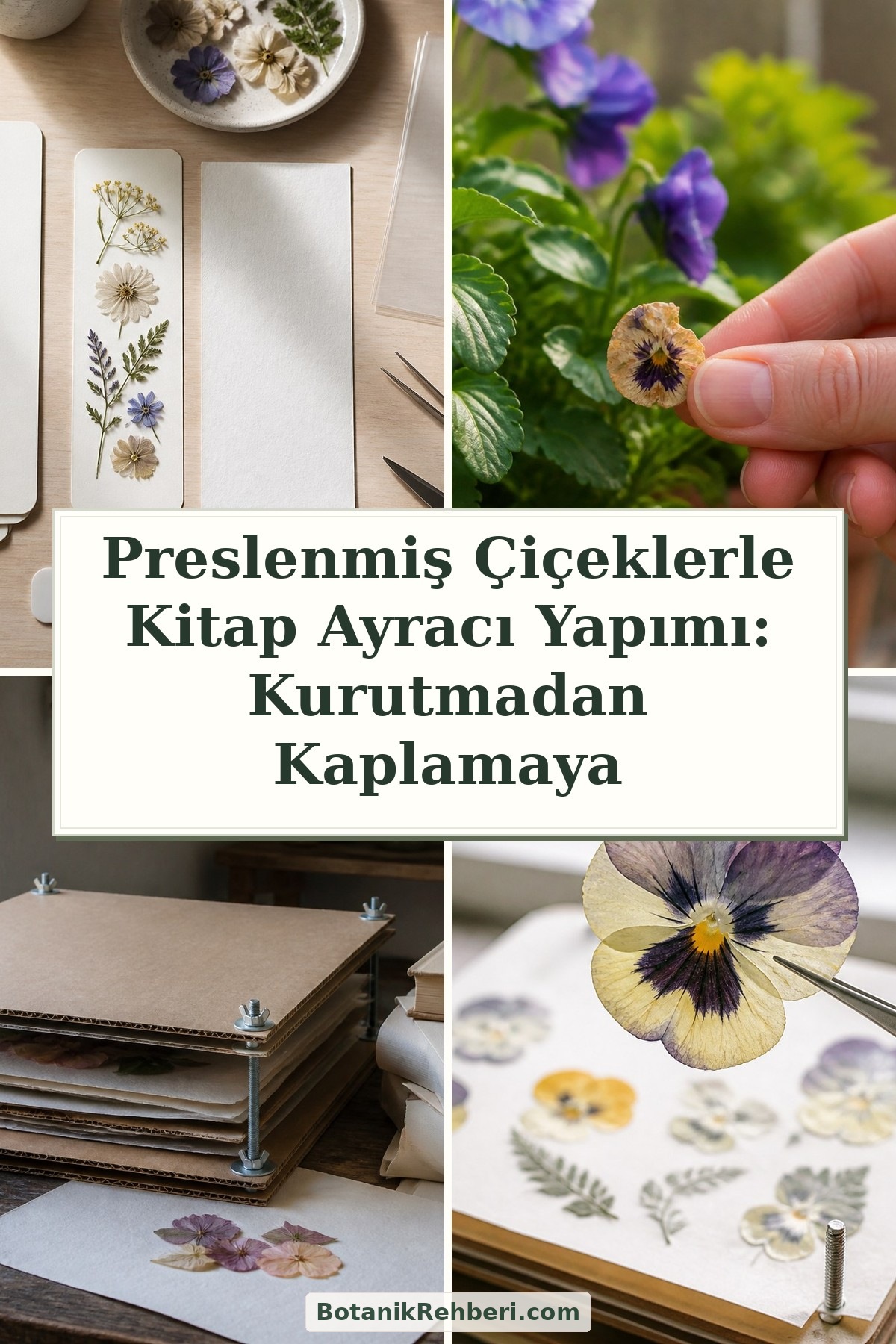 Preslenmiş Çiçeklerle Kitap Ayracı Yapımı: Kurutmadan Kaplamaya — dörtlü konu kapağı