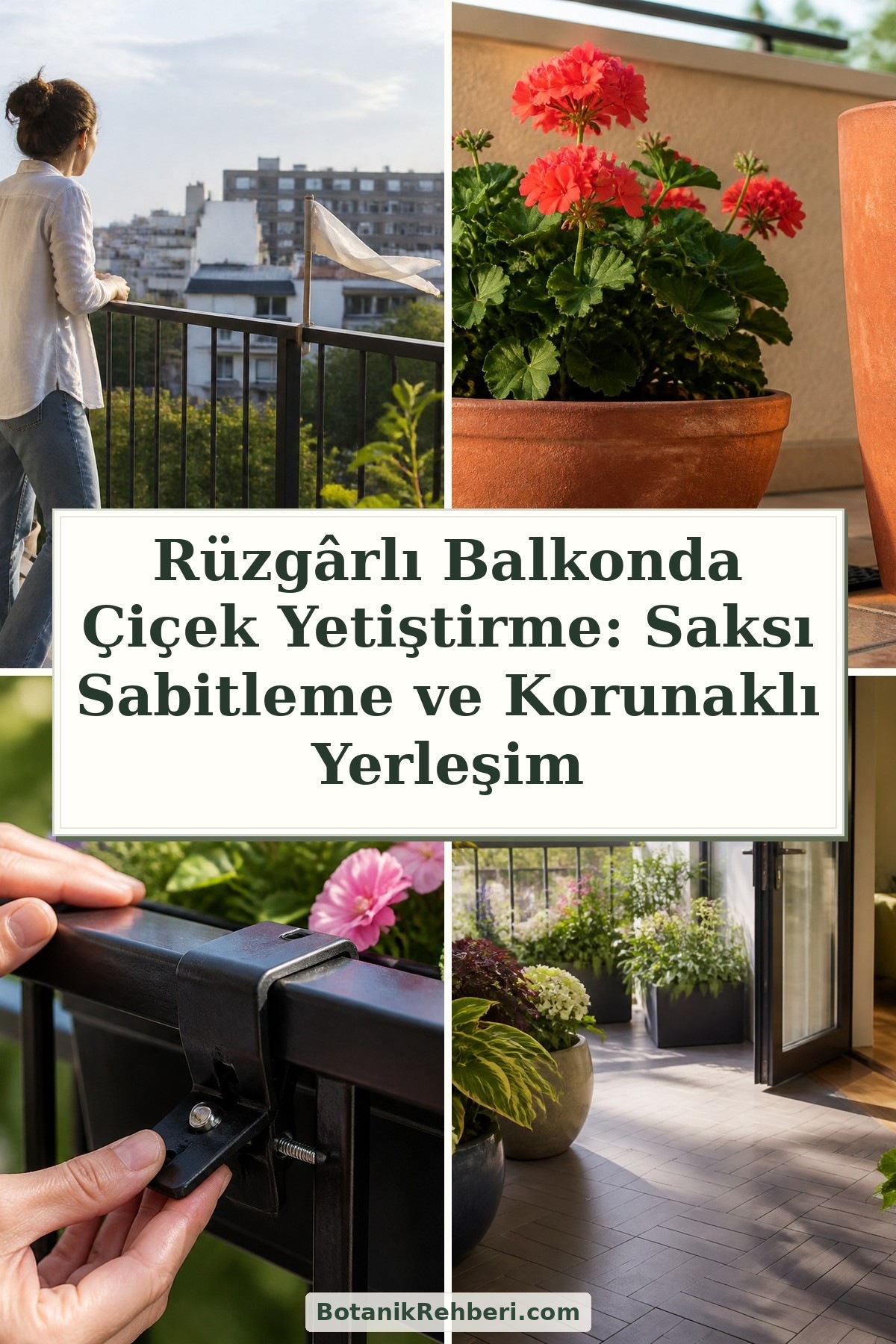 Rüzgârlı Balkonda Çiçek Yetiştirme: Saksı Sabitleme ve Korunaklı Yerleşim — dörtlü konu kapağı
