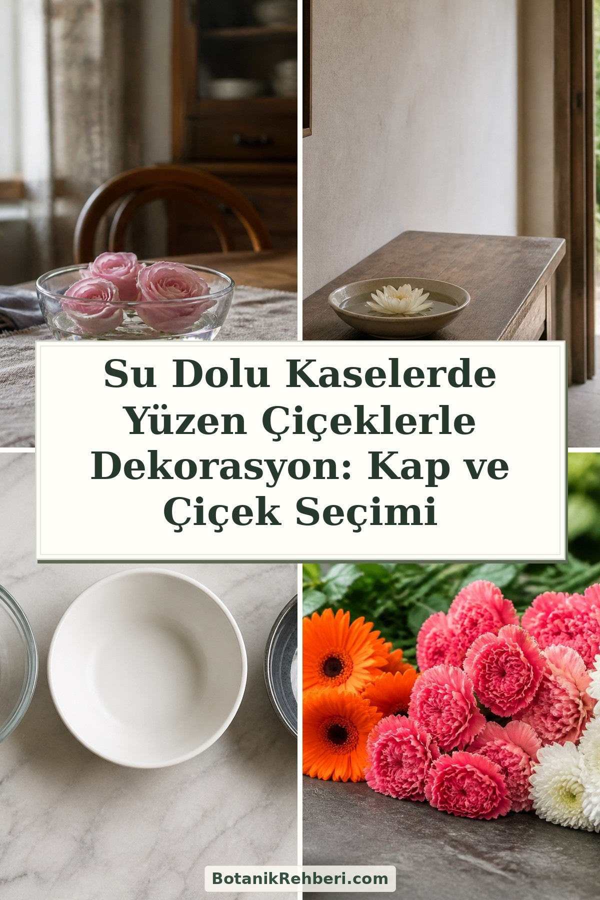 Su Dolu Kaselerde Yüzen Çiçeklerle Dekorasyon: Kap ve Çiçek Seçimi — dörtlü konu kapağı