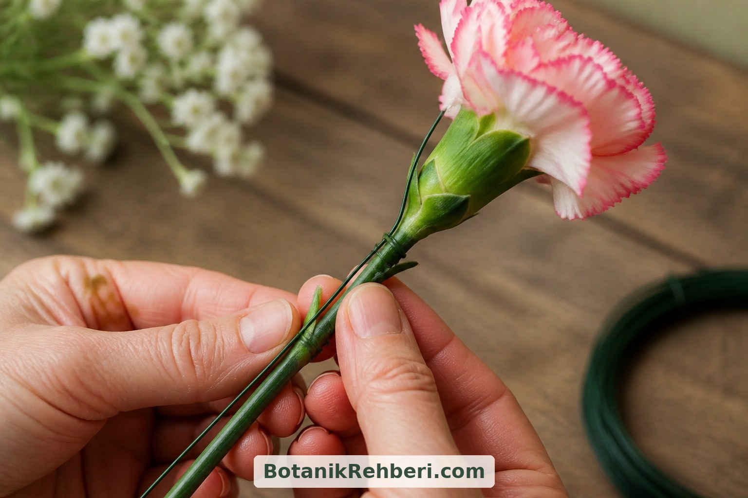 İnce teli sapın yanına yerleştirip gevşek dönüşlerle sabitleyin. Sapı boğmadan desteklemek ve sivri uçları içeri kıvırmak, güvenli bir bağlantının temelidir.