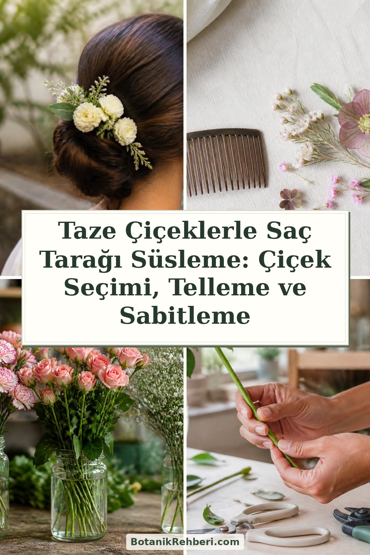 Taze Çiçeklerle Saç Tarağı Süsleme: Çiçek Seçimi, Telleme ve Sabitleme — dörtlü konu kapağı