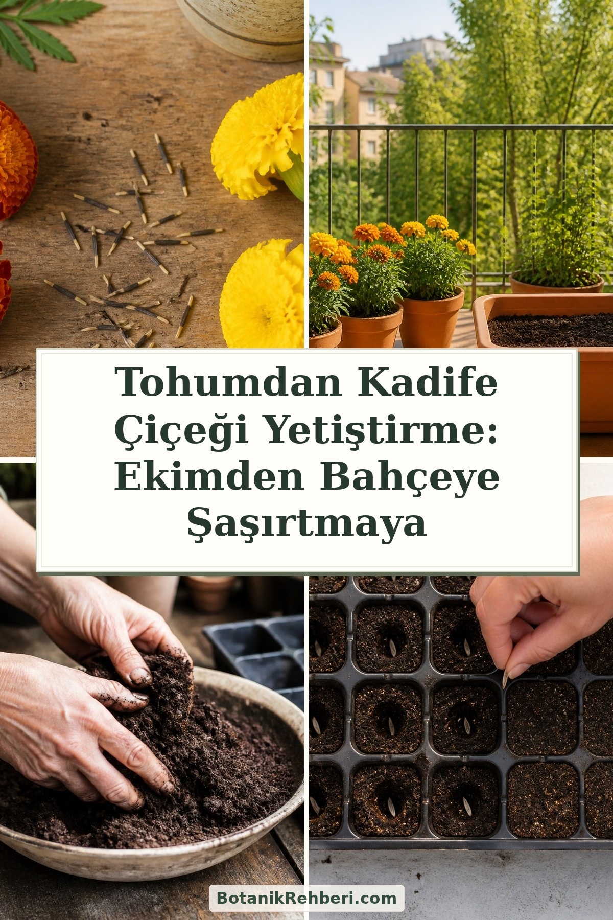 Tohumdan Kadife Çiçeği Yetiştirme: Ekimden Bahçeye Şaşırtmaya — dörtlü konu kapağı