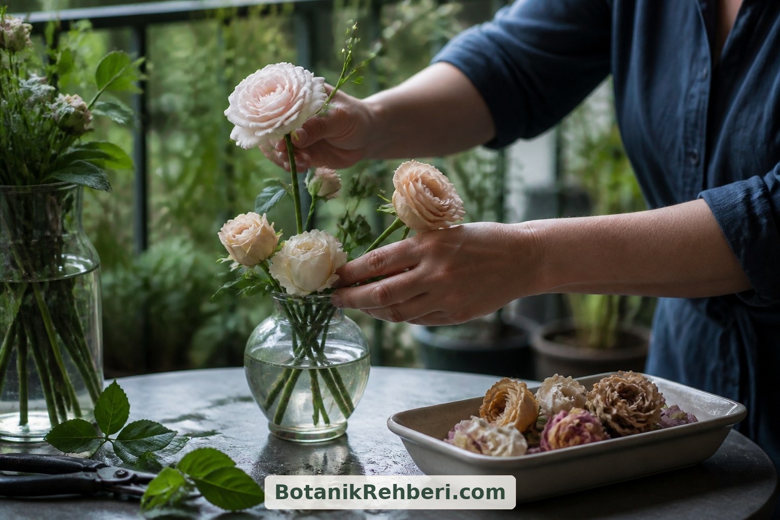 Buket yaşlandığında bozulan çiçekleri ayırın. Sağlam kalanları temiz, küçük bir vazoda yeniden düzenleyerek bakımını kolaylaştırabilir ve aranjmanın kalan kısmını değerlendirebilirsiniz.