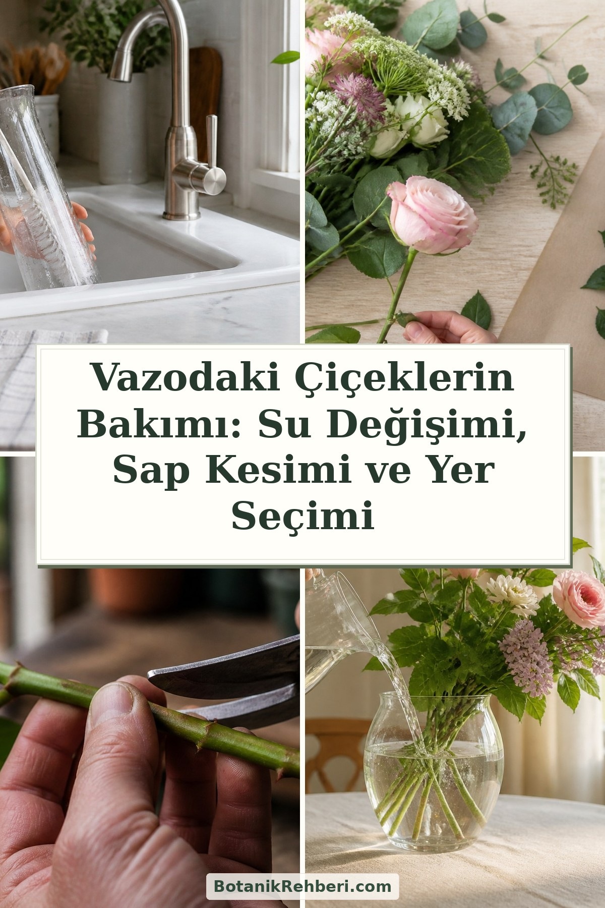Vazodaki Çiçeklerin Bakımı: Su Değişimi, Sap Kesimi ve Yer Seçimi — dörtlü konu kapağı