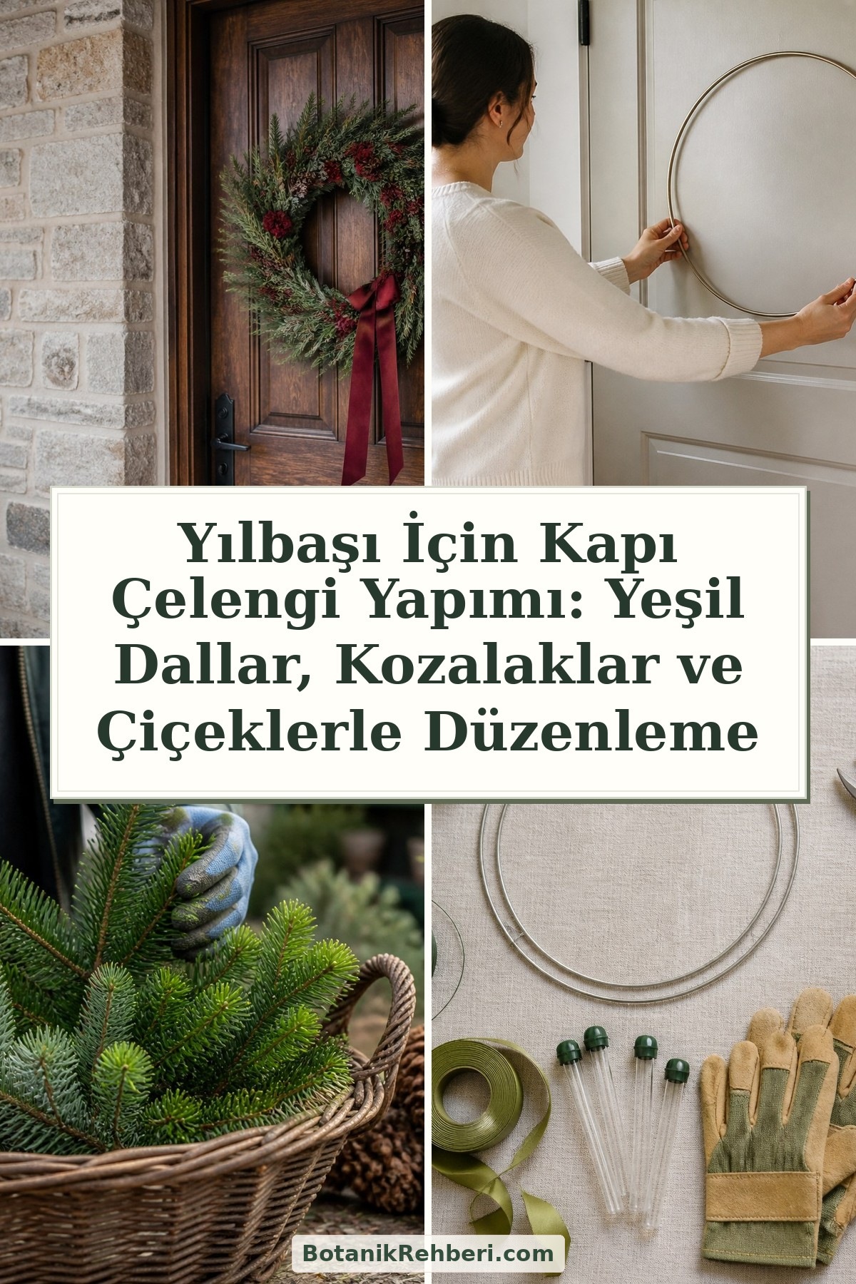 Yılbaşı İçin Kapı Çelengi Yapımı: Yeşil Dallar, Kozalaklar ve Çiçeklerle Düzenleme — dörtlü konu kapağı