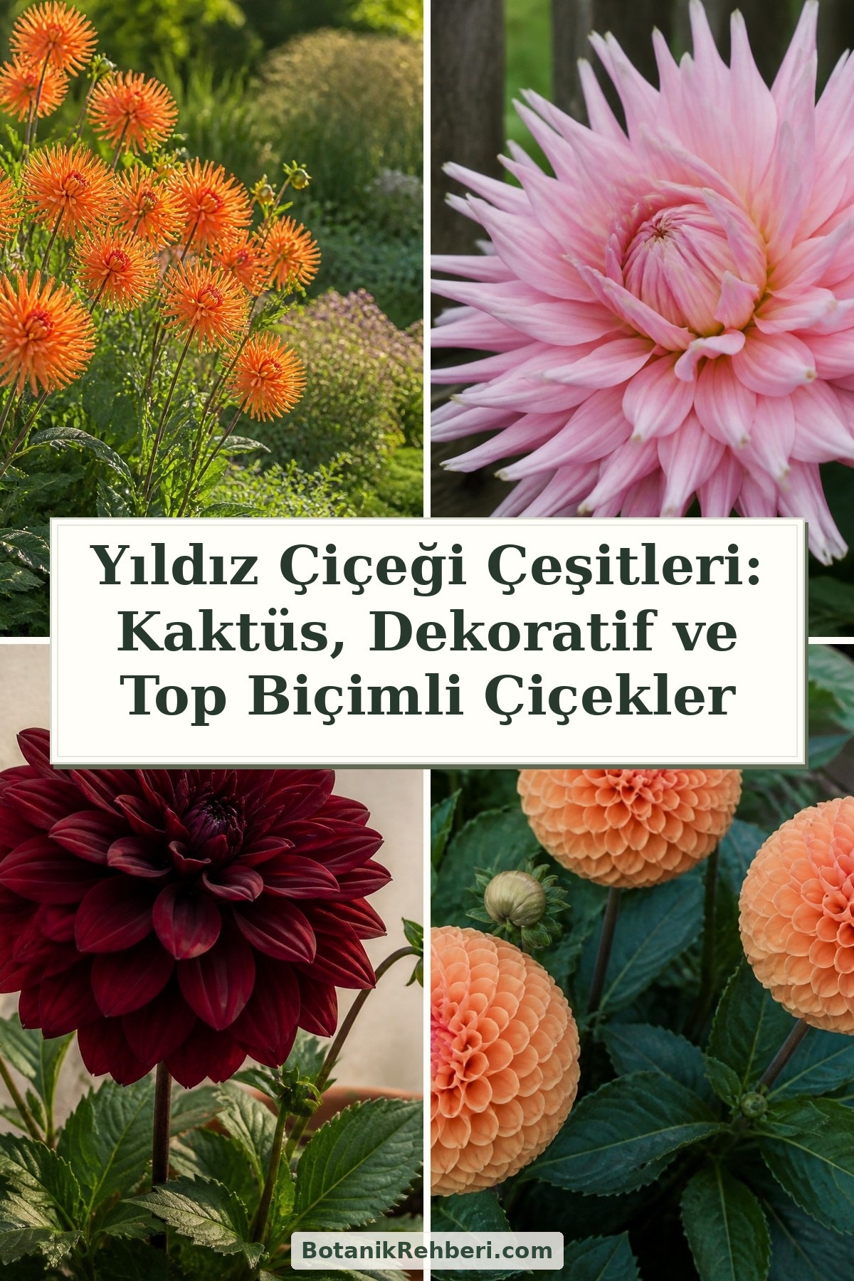 Yıldız Çiçeği Çeşitleri: Kaktüs, Dekoratif ve Top Biçimli Çiçekler — dörtlü konu kapağı