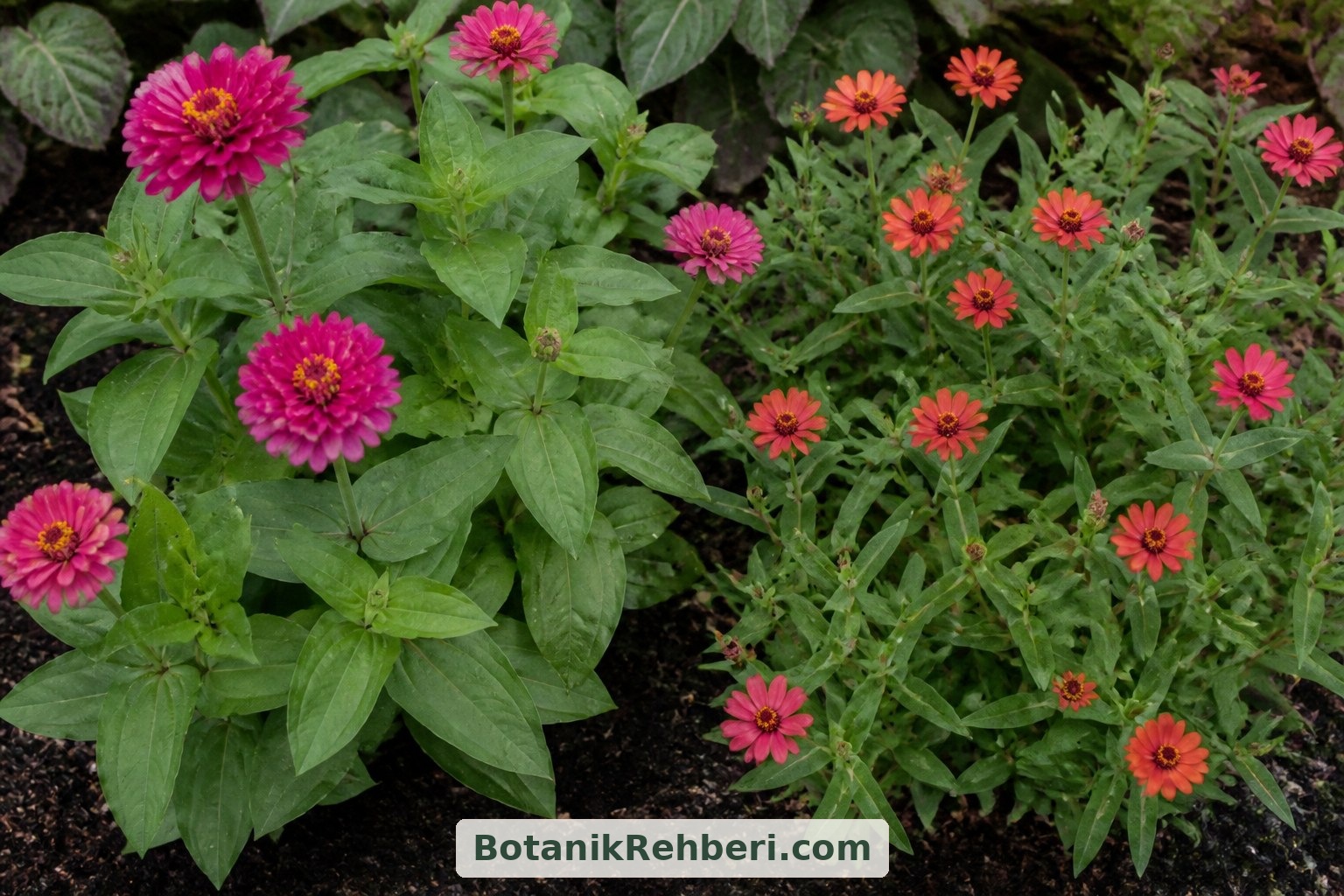 Türleri yapraklarıyla da tanıyabilirsiniz: Zinnia elegans geniş, Zinnia angustifolia daha dar yapraklarıyla ayırt edilir. Çiçek büyüklüğü ve gelişme biçimi çeşide göre değişebilir.